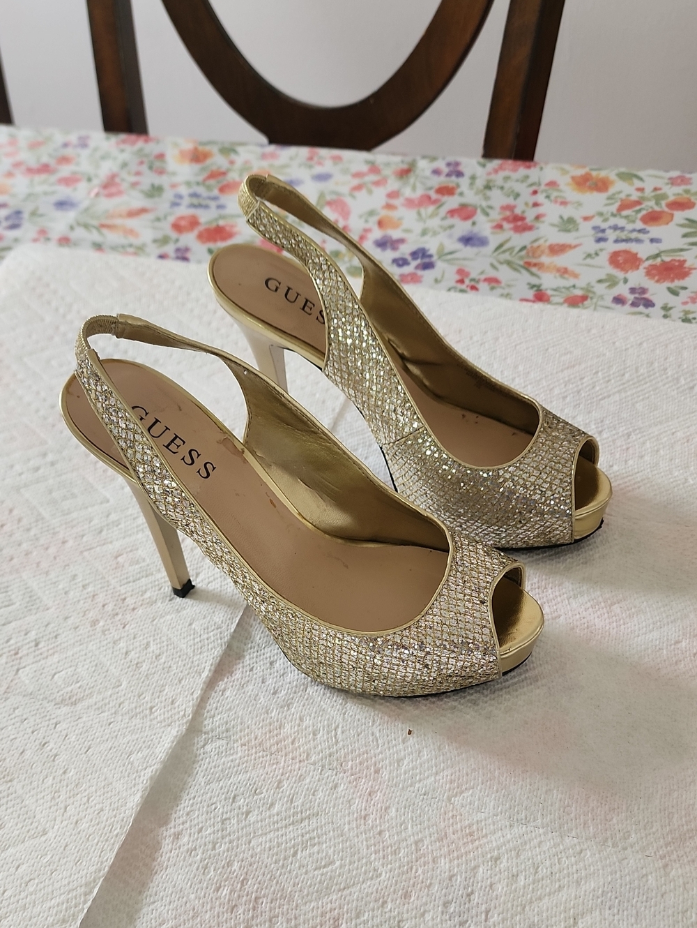 GUESS Women's Gold Sparkle Peep-Toe Slingback Heels